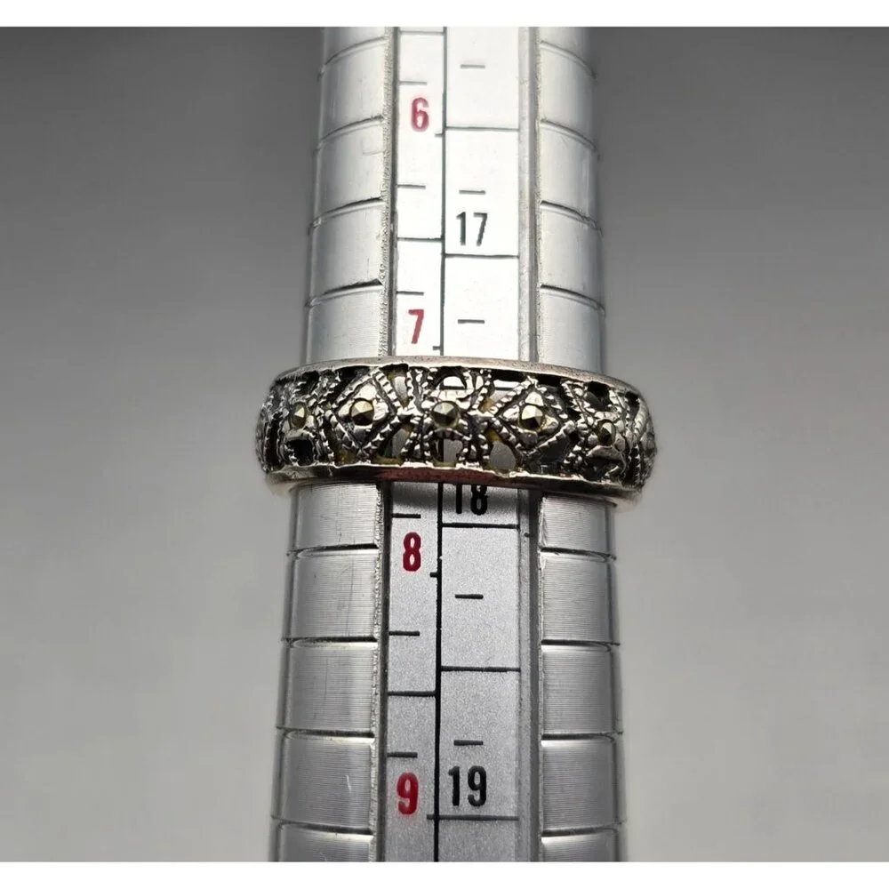 VTG Sterling Silver & Marcasite Lace Filigree 6.3mm Band Ring Size 7.5 Signed - Picture 7 of 7